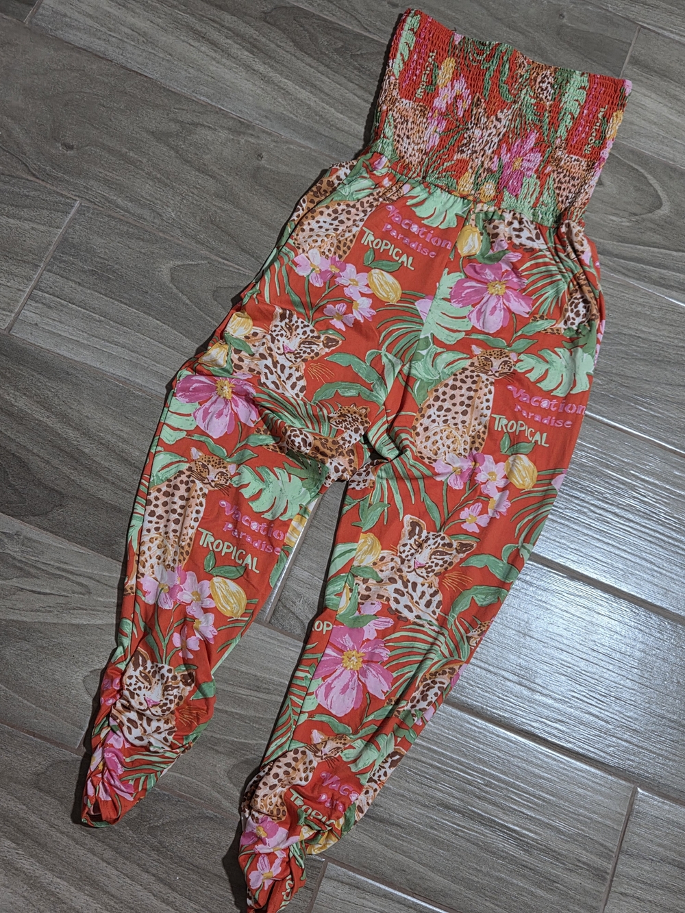 Tropical Floral Smocked Waist Women's Jumpsuit Pants - Red